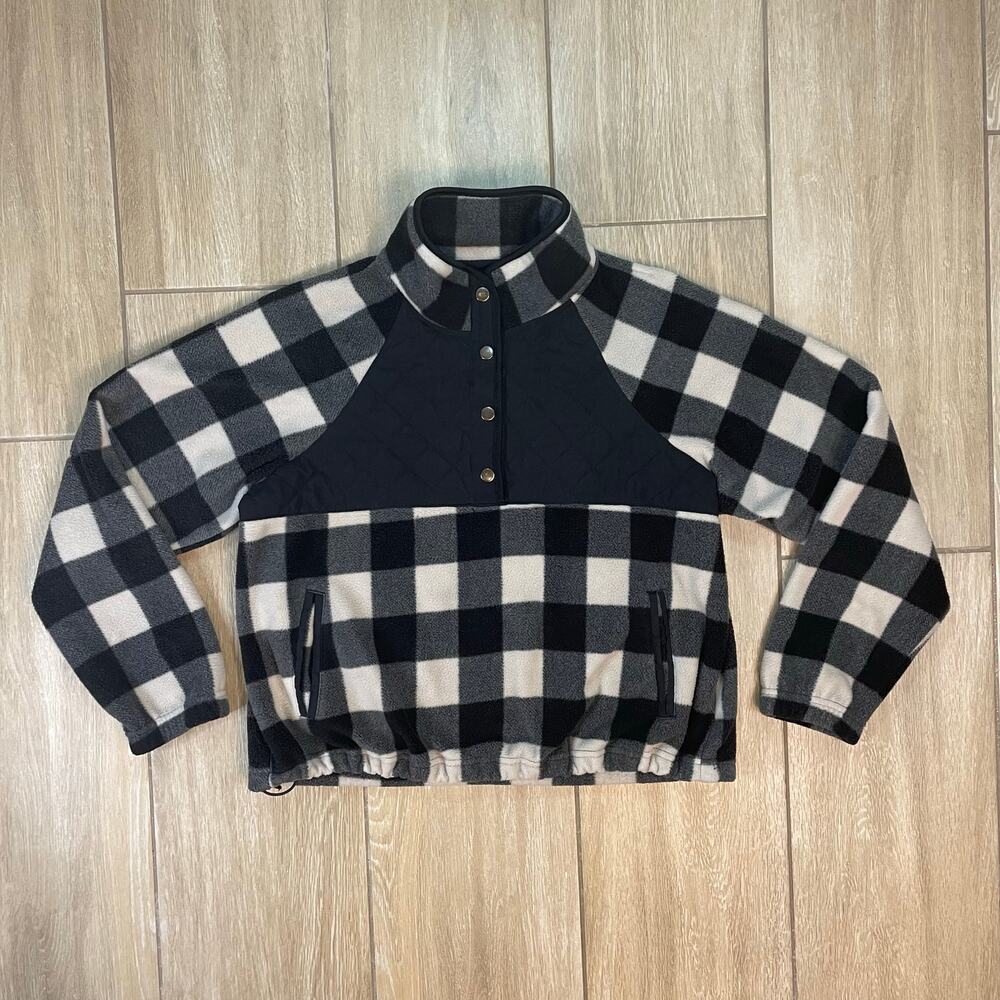 Kyodan Fleece Pullover Womens L Black Cream Buffalo Plaid Quarter Zip Cozy